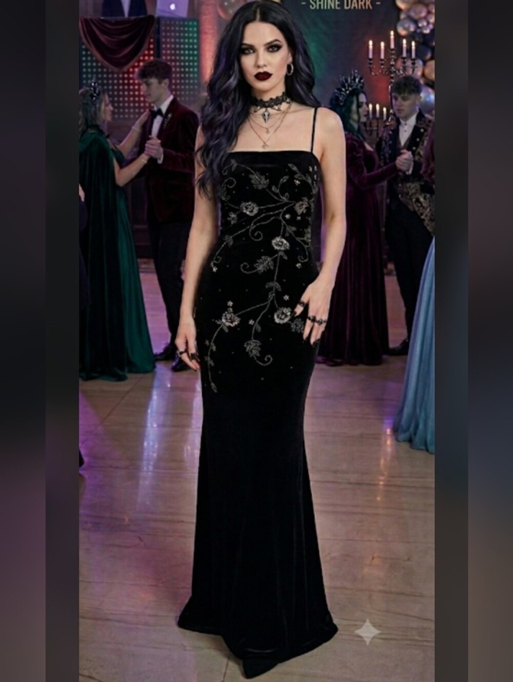 Vintage 90s/Y2K Elegant Black Beaded Velvety Maxi Evening Dress, 6